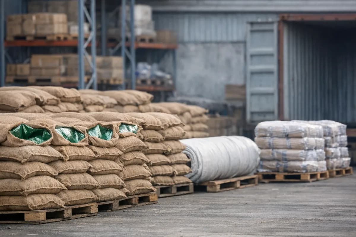 Stacked woven jute sacks with visible shiny inner GrainPro liners and pallets of desiccant in an export warehouse at Belawan, North Sumatra.