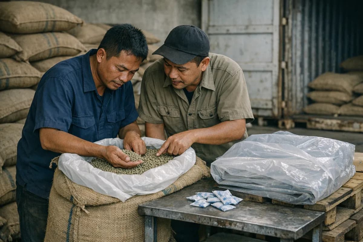 Two Indonesian staff inspect open 60 kg jute bags with visible GrainPro liners and desiccant sachets inside an export shed near Belawan port.