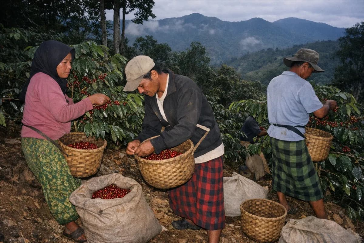 Smallholder pickers harvest ripe red coffee cherries on a steep plot in the Gayo Highlands, Aceh, Sumatra.