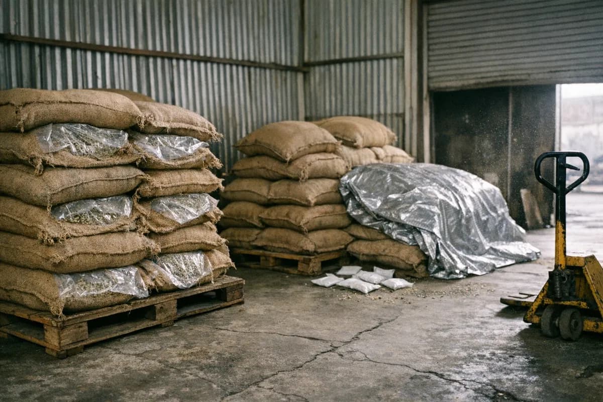 Stacks of jute coffee bags with clear plastic liners and a folded container liner with desiccant sachets in a Medan export warehouse, North Sumatra, Indonesia.