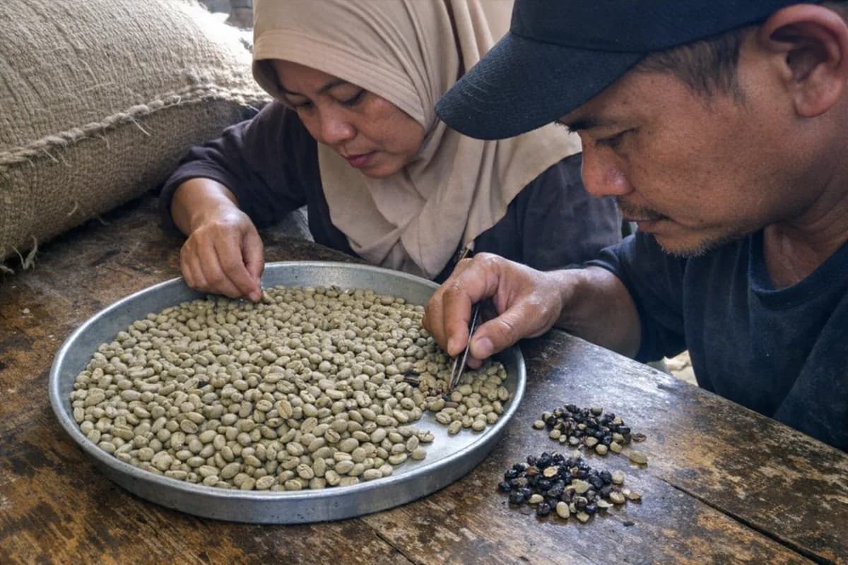 Pair of hands picking out defect beans from a small tin tray of green Gayo arabica inside a warehouse.