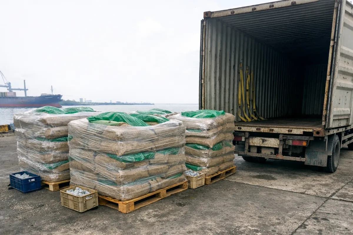 Pallets of jute coffee bags with GrainPro liners staged at an open shipping container on the quayside at Belawan Port, Medan, North Sumatra.