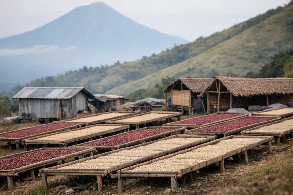 Wide view of raised bamboo drying beds laden with coffee cherries on a volcanic slope near Bajawa, Flores, Indonesia.