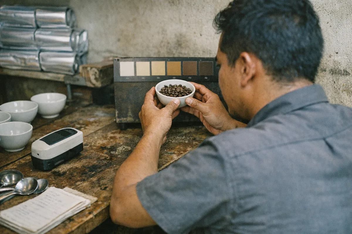Roastery QC technician comparing a whole-bean roast sample against Agtron reference tiles at a Jakarta roastery bench.