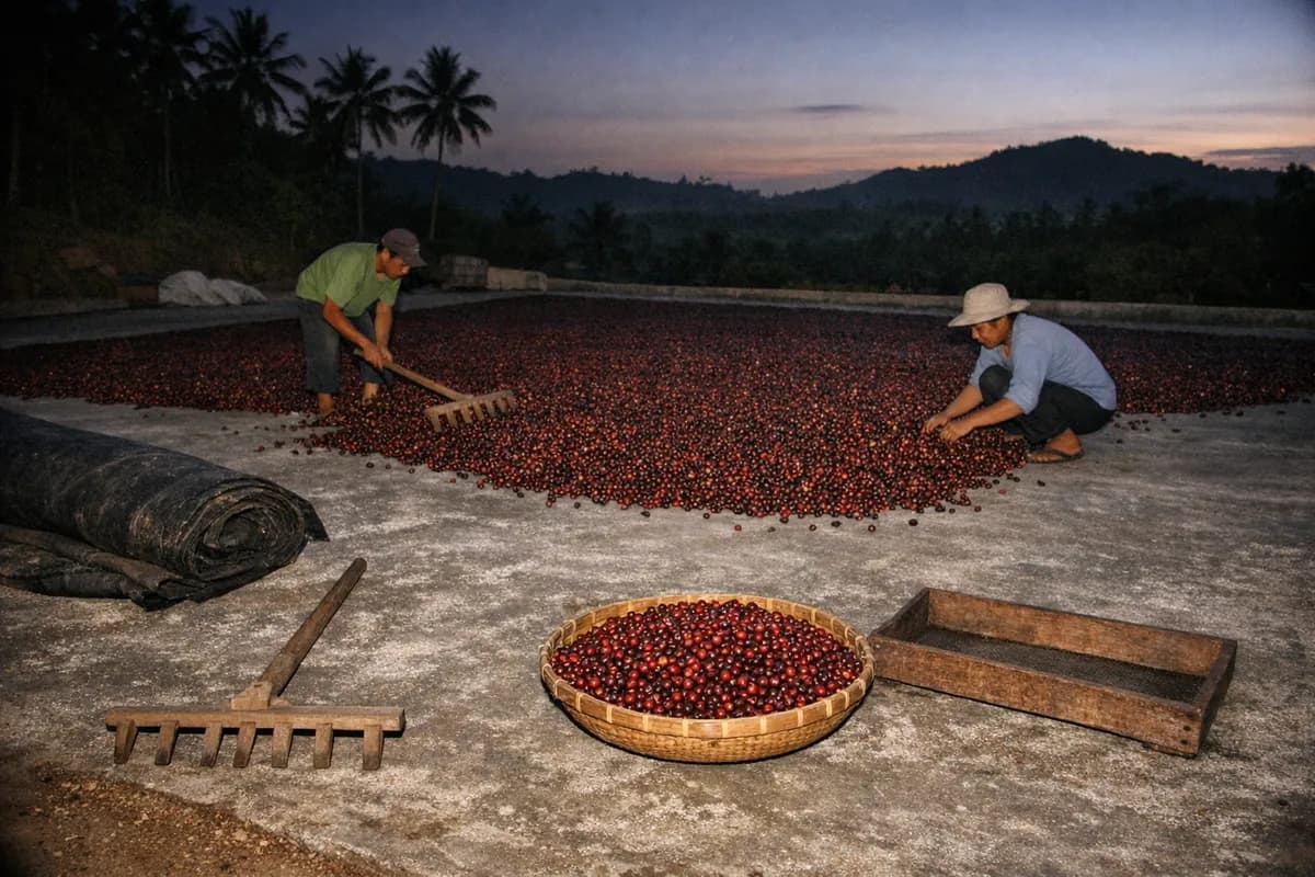A wide concrete drying patio in Lampung with whole robusta cherries spread out, drying tools in the foreground and two workers tending the edges in the background.