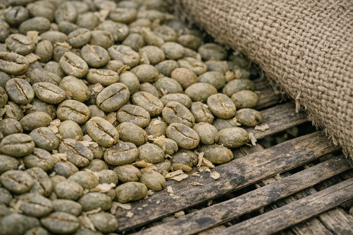 Close macro of wet-hulled Gayo Sumatra green beans spread on a raised-bed bamboo slat, showing olive-green color and surface texture.